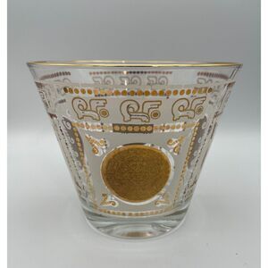 Hazel Atlas Mid Century Gold Medallion Aztec Mayan Glass Ice Bucket Bowl